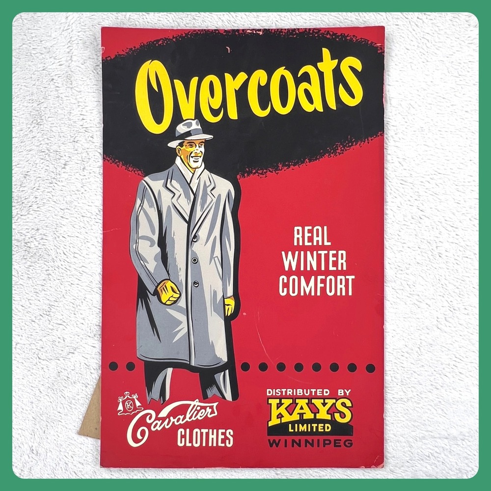 Cavalier Vintage Advertising Sign 21"‎ Cardboard Display Overcoats Kays Winnipeg